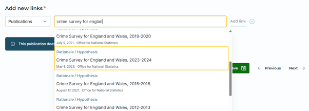 Image displaying a dropdown list of Pearls that can be selected to link them to a draft publication